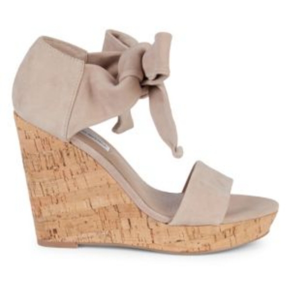 Alex+Alex Taupe Grey Suede Cork Wedge Sandals with Ankle Wrap Tie size 9 - Picture 2 of 16